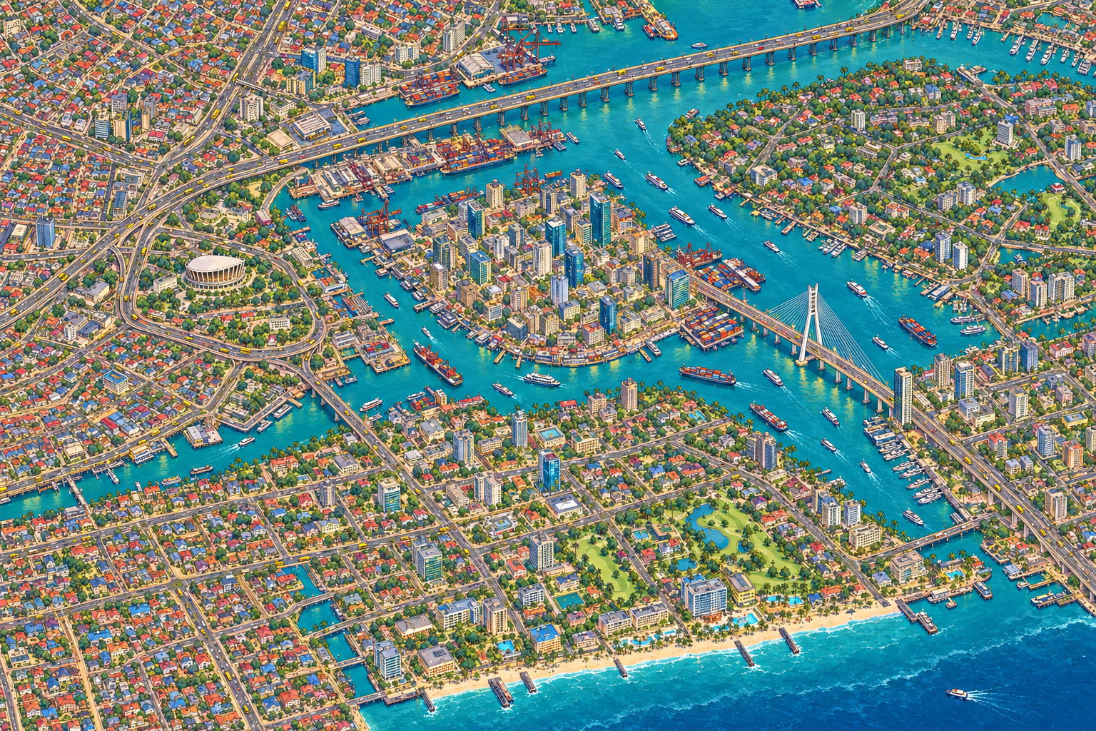 A richly illustrated Lagos cityscape with tropical greenery and luminous waterfronts